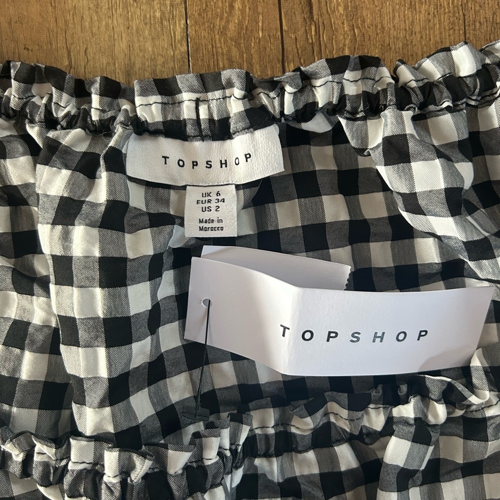 Topshop Gingham Smocked Crop Top NWT Puff Sleeve Black White Size 2 - Picture 6 of 9